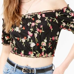 Women's Black Floral Embroidered Crop top